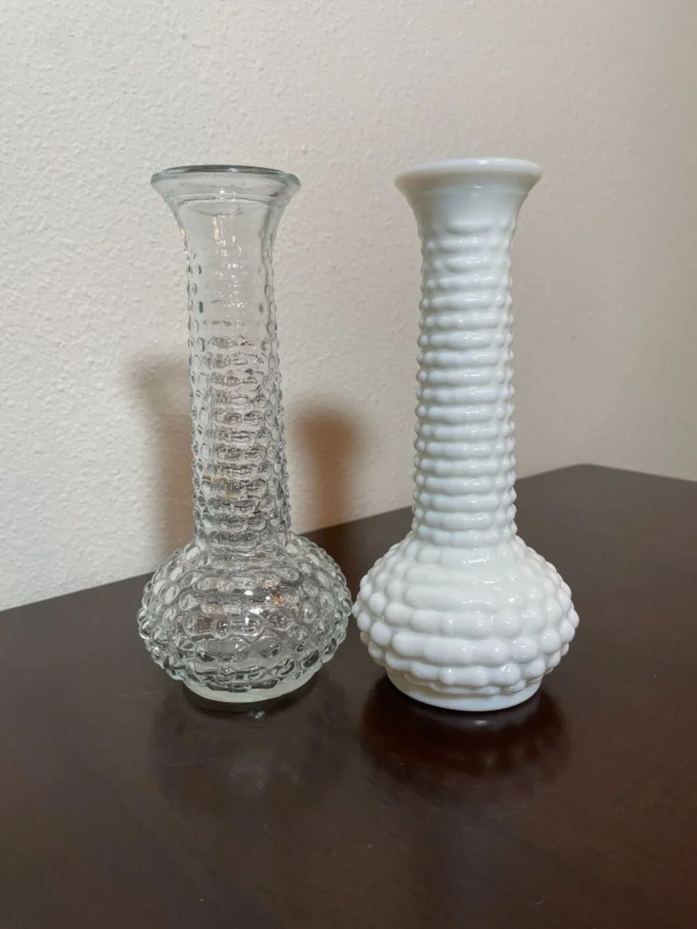 Vintage EO Brody Bud Vases - Set!  Clear Glass and Milk Glass Hobnail pattern